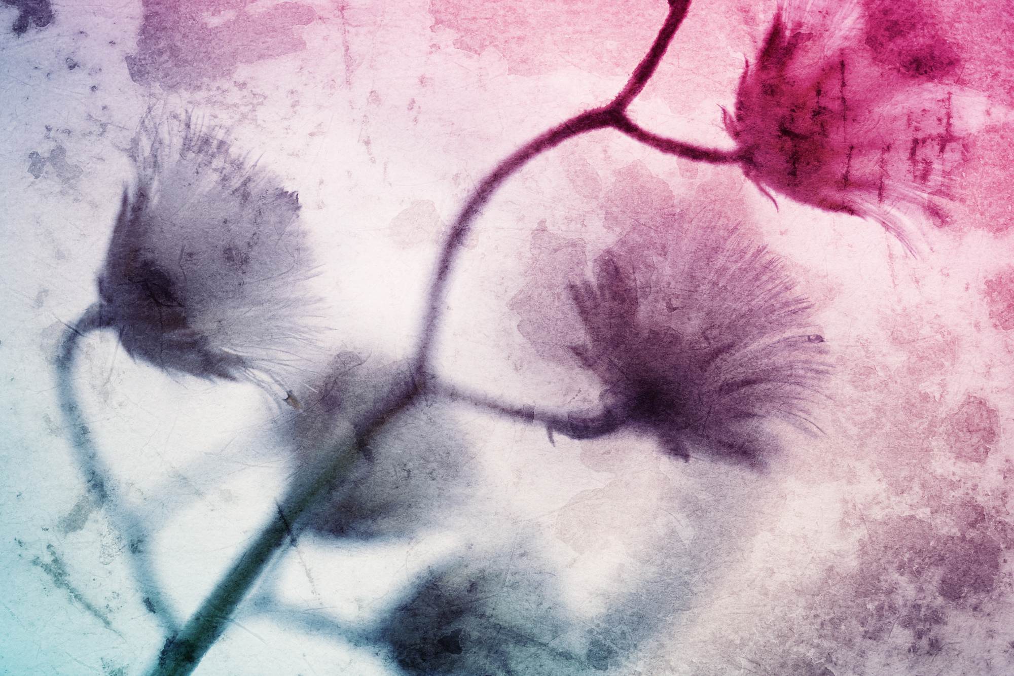 Abstract floral artwork in soft pink and purple tones.