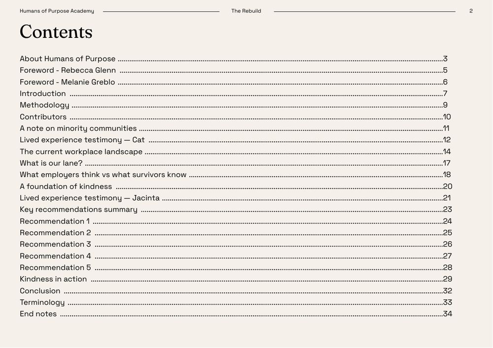 The report's contents page.